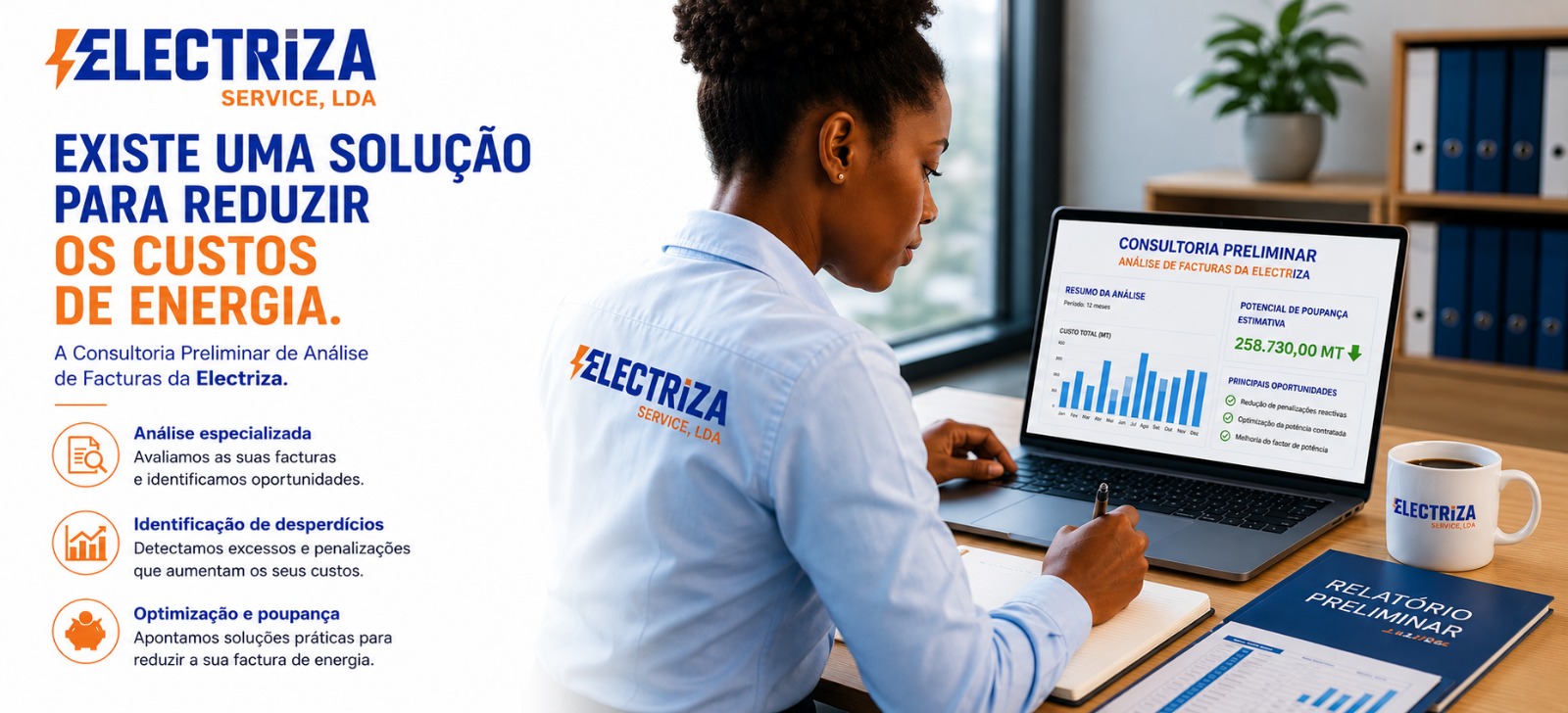 Electriza Energy Check para oportunidades de reducao de custos de energia.